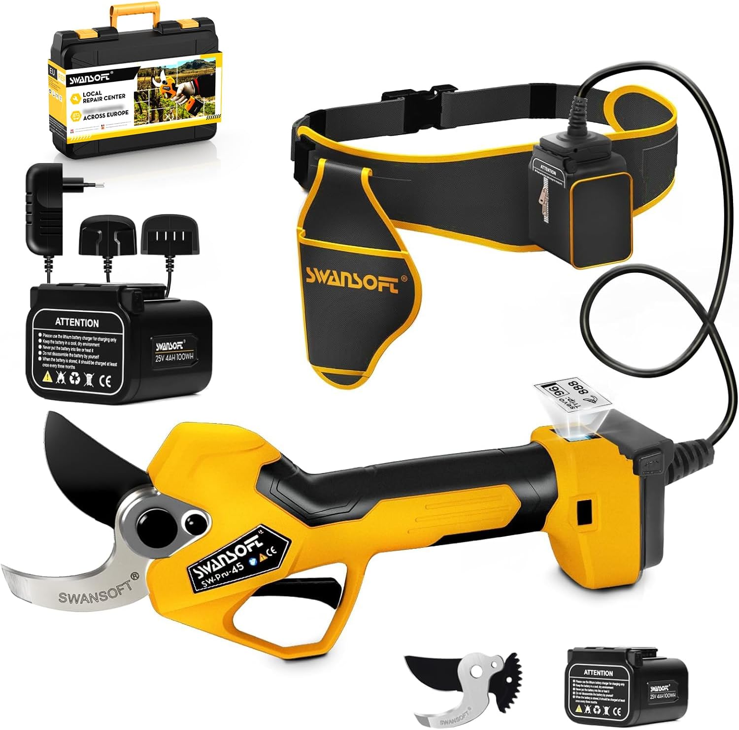 SWANSOFT Electric Pruning Shears, 45mm 1.77'' Cutting Diameter Cordless Electric Pruners Shears Battery Powered, 1150W Tree Branch Pruner with 2Pack 4Ah Rechargable Batteries(Yellow)