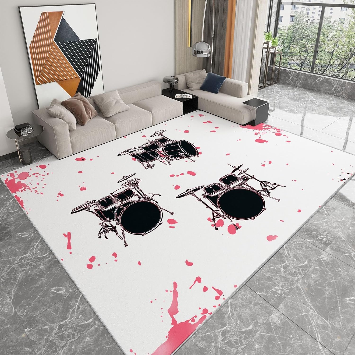 Machine Washable Cartoon Style Carpet 3 x 4 ft Area Rug, Non-Slip Rug Drum Set Music Print Low Pile Carpet for Living Room Bedroom Entryway Kitchen Dorm Hallway Kids Room