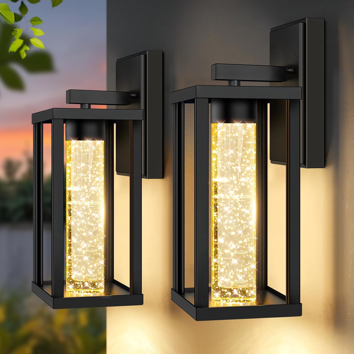 Brightever 2-Pack Outdoor Wall Lights Fixture, Exterior Waterproof 10W Matte Black Outdoor Wall Lanterns Sconces with Crystal Bubble Glass, Modern LED Outside Lights for House, Porch, Garage, Patio