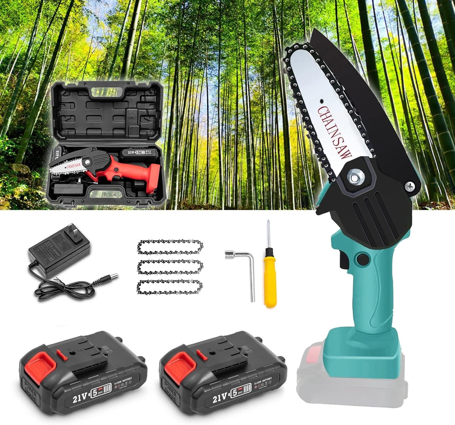 Cordless Mini Chainsaw 4-Inch with Security Lock,Power Chain saws with 1500mAh 21V 1.5Ah 2 Batteries Powered Kit and 4Pcs Chains,for Tree Trimming Wood Cutting