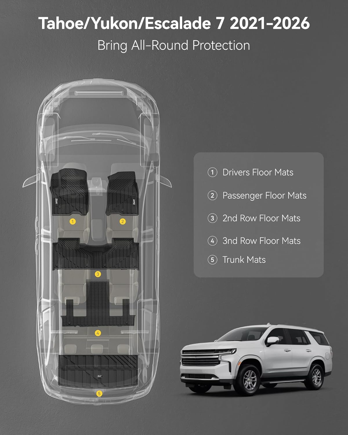 3W Floor Mats & Cargo Liner Fit for 2021 2022 2023 2024 2025 2026 Chevy Tahoe/GMC Yukon/Cadillac Escalade 7 Seat, TPE All Weather Custom Fit Car Accessories Heavy Duty Rubber Full Set Trunk Mats