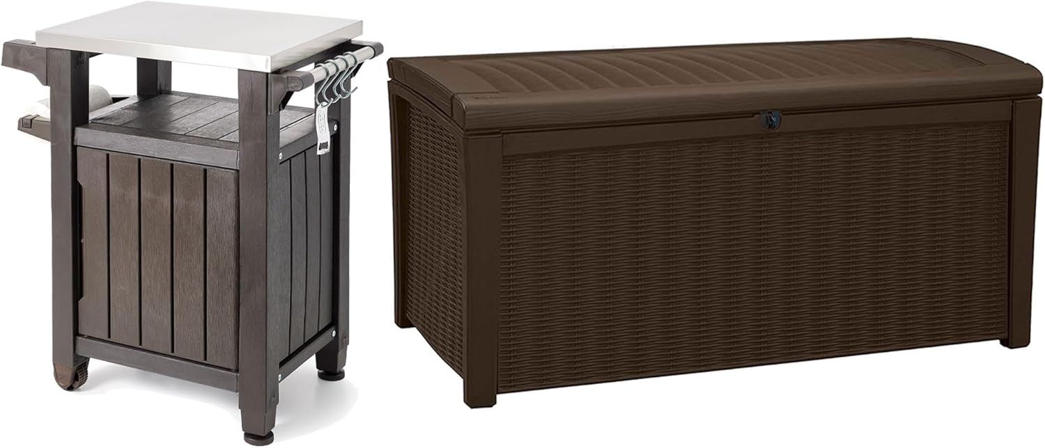 Keter Unity 40 Gallon Stainless Steel Top Grilling Bar Cart with Borneo 110 Gallon Plastic Outdoor Furniture Storage Deck Box, Brown