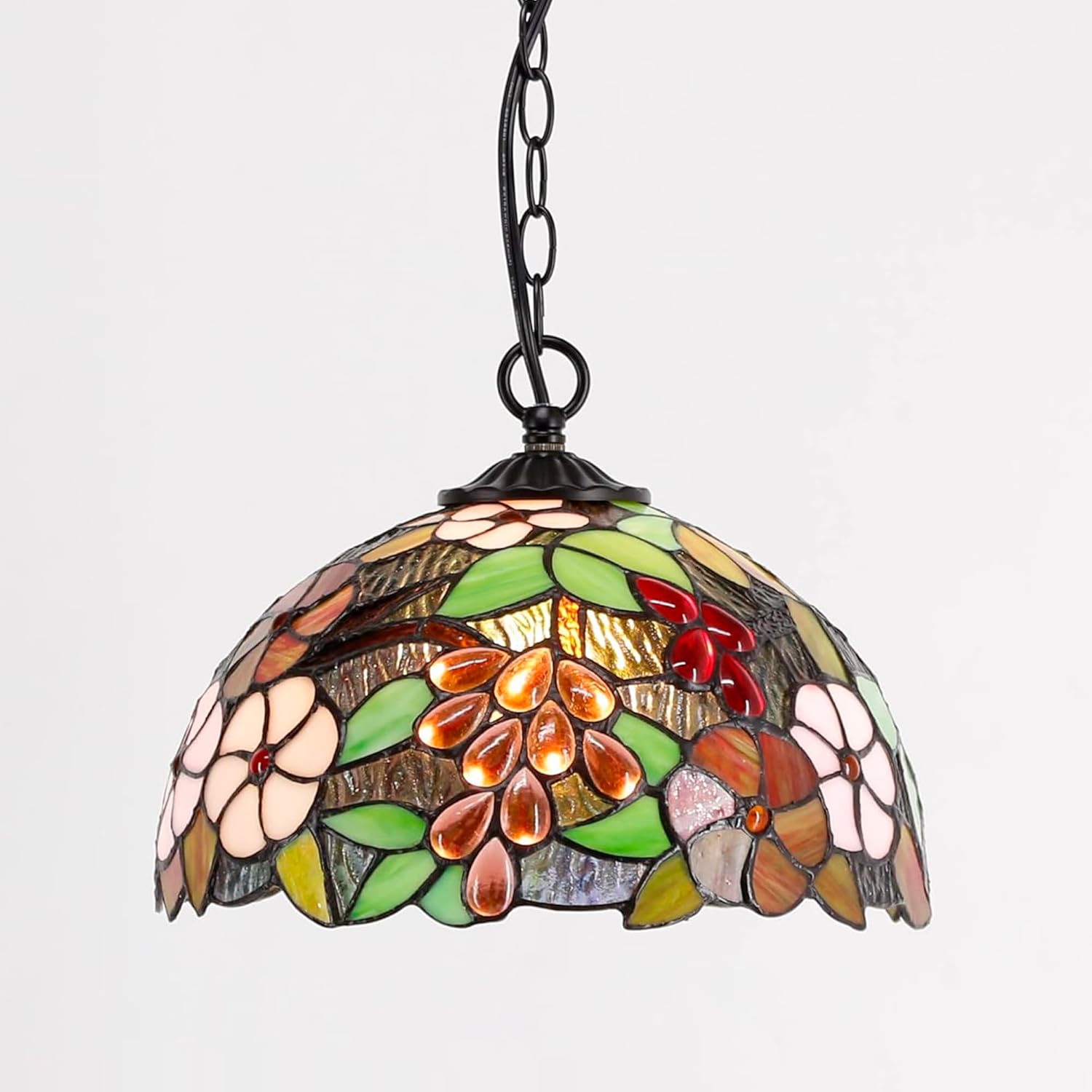 Tiffany Pendant Light Plug in 12 Inch Green Purple Grape Stained Glass Hanging Lamp with Chain 33 Inch, Cord 15 Feet