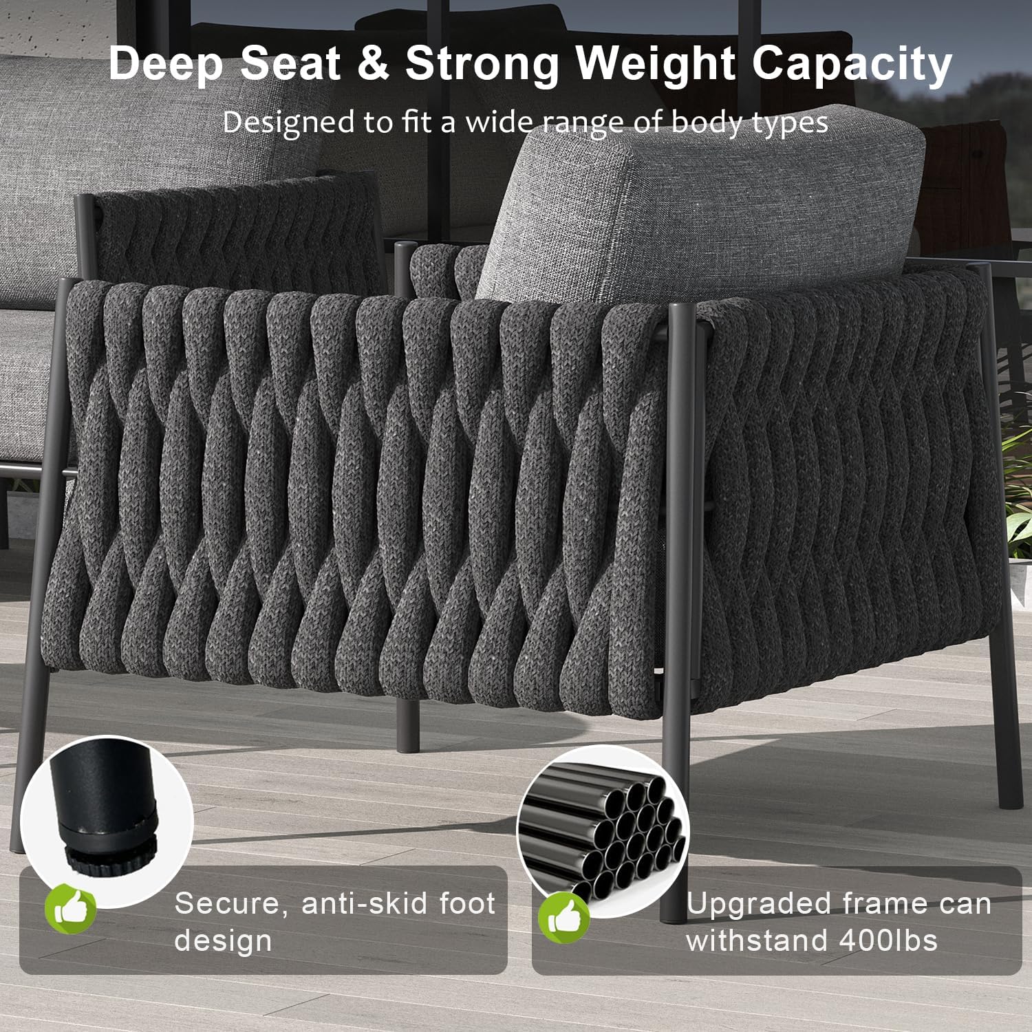 LayinSun 7 Piece Outdoor Furniture Set with Fire Pit Table, Modern Rope Woven Patio Conversation Sofa Set with Olefin Braid and Deep Seating