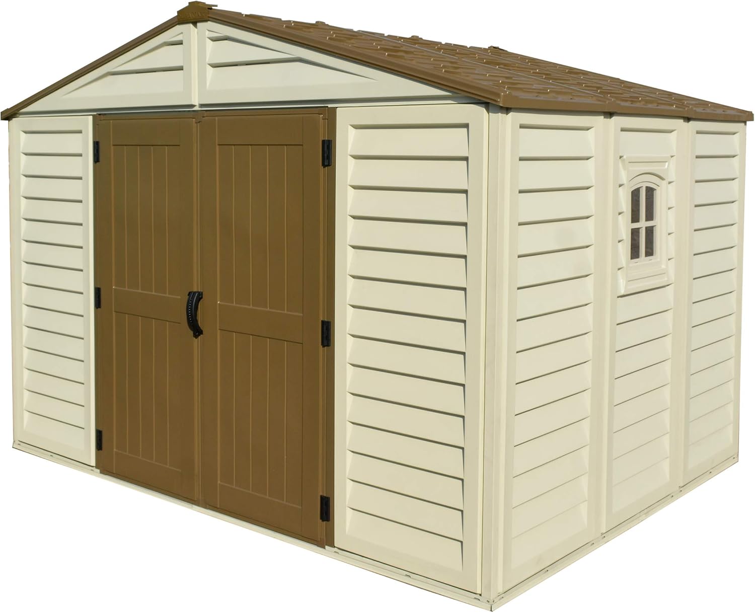 Duramax Woodbridge Plus 10.5 x 8 (8.02 m2) Plastic Garden Shed with 1 Fixed Window & Metal Foundation Kit, Strong Metal Roof Structure Fire Retardant and Maintenance-Free Storage Shed - Ivory/Brown