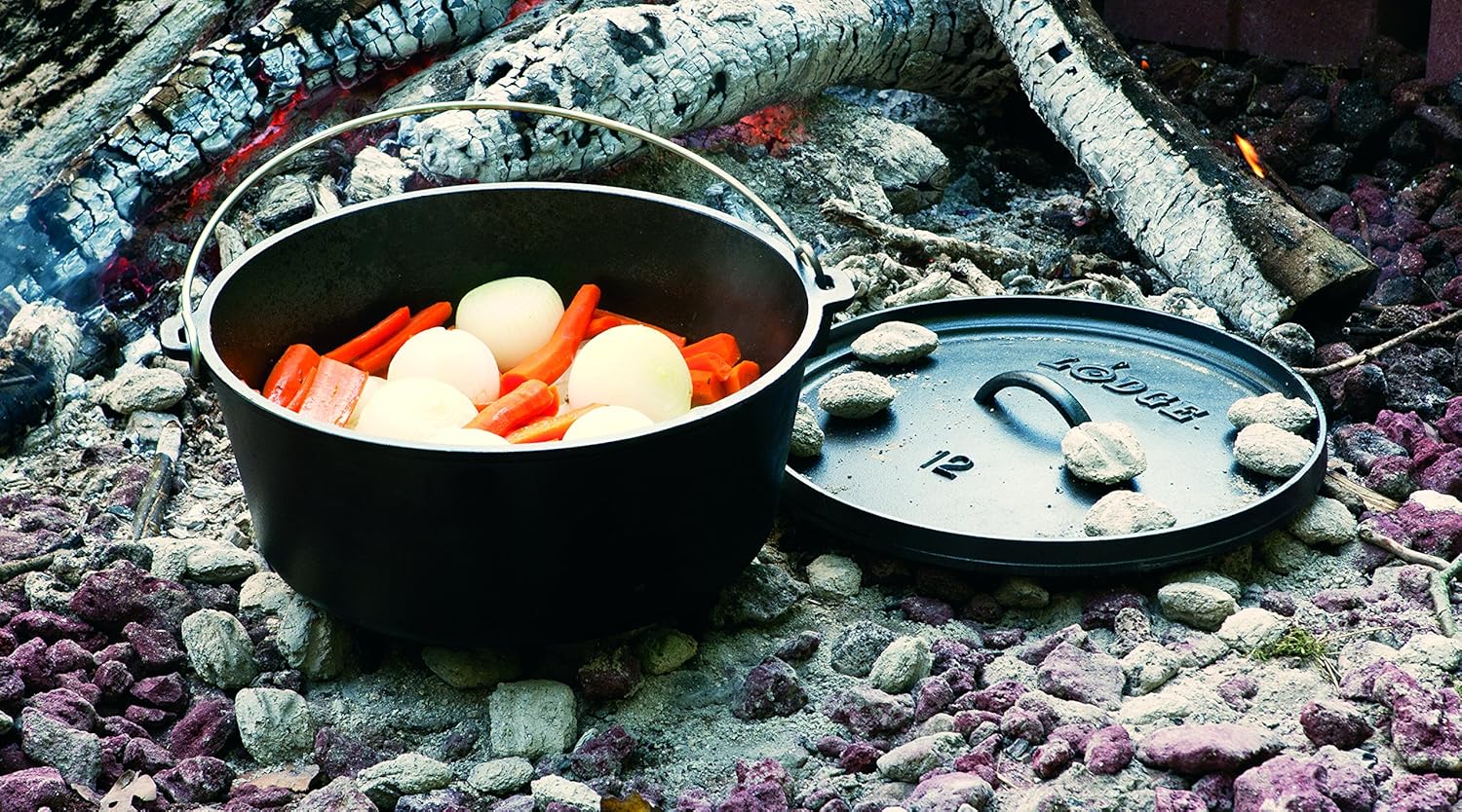 Lodge 8 Quart Pre-Seasoned Cast Iron Camp Dutch Oven with Lid - Dual Handles - Use in the Oven, on the Stove, on the Grill or over the Campfire - Black