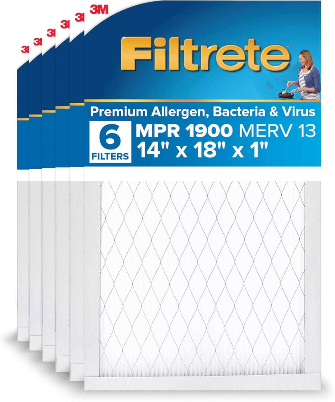 Filtrete 14x18x1 AC Furnace Air Filter, MERV 13, MPR 1900, Premium Allergen, Bacteria & Virus Filter, 3-Month Pleated Electrostatic Air Cleaning Filter, 6-Pack (Actual Size 13.81x17.81x0.81 in)