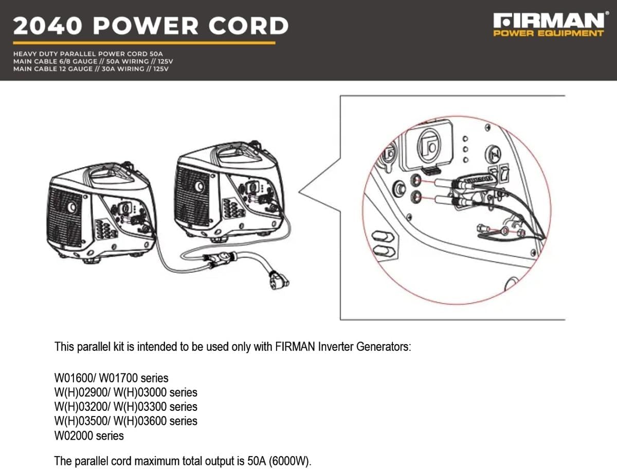 Firman 2040 50A Parallel Power Cord for FIRMAN Whisper Series Inverters – 50 Amp 120V Power Expansion Cable for Dual Inverter Setup, Up to 6000W