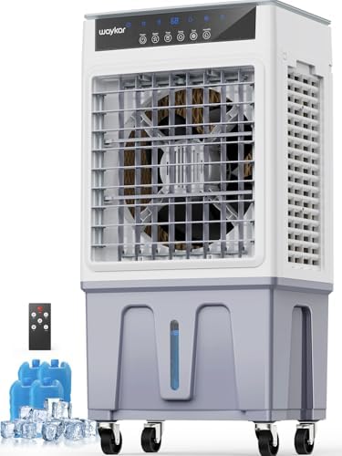 Waykar Swamp Cooler, 3500 CFM Evaporative Air Cooler with 6 Gals Water Tank, 950 Sq.Ft. Portable Air Conditioner with 4 Ice Pack, 120°/60°Oscillation, 3 Models for Garage, Yard, Commercial Use