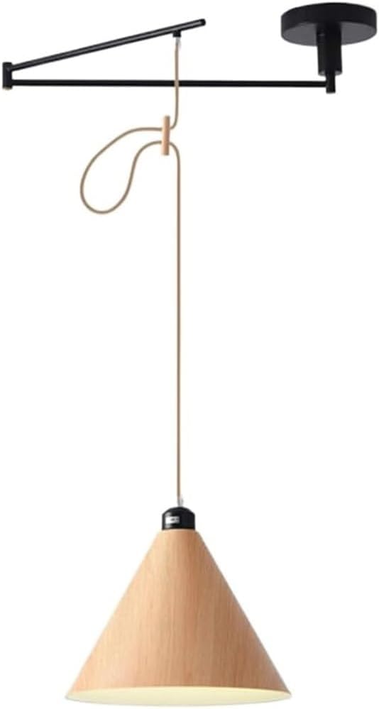 Farmhouse Pendant Light with Swing Arm Hardwired Metal Wood Vintage Industrial Hanging Lamp Large Kitchen Island Ceiling Lighting Fixture Black Chandelier for Dining Room Bedroom E26/E27 Base