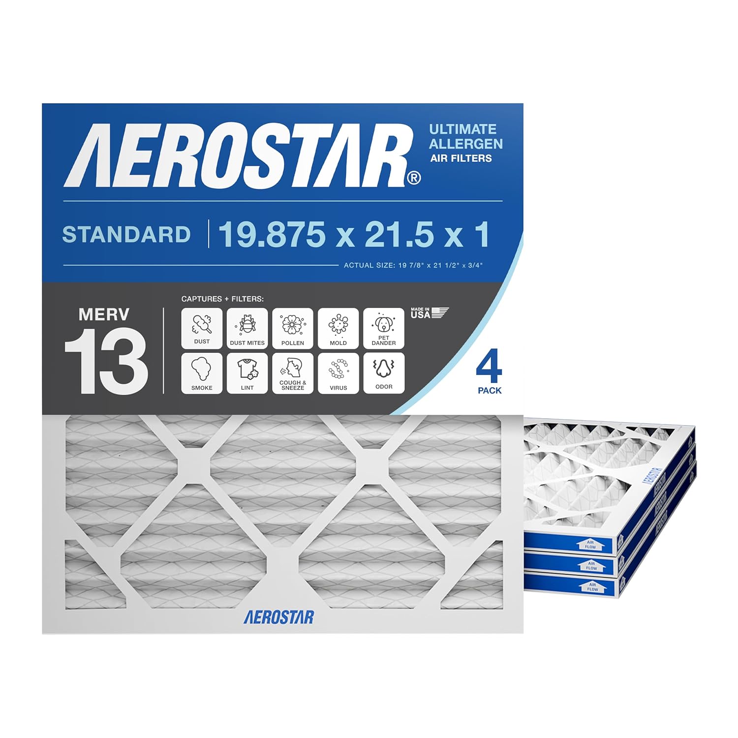 Aerostar 19 7/8x21 1/2x1 MERV 13 Pleated Air Filter, AC Furnace Air Filter, 4 Pack (Actual Size: 19 7/8