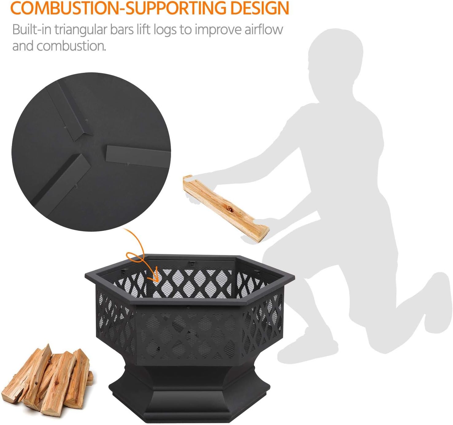 Topeakmart Portable Fire Pit Outdoor Firepit with Mesh Sides Cover Poker Steel Heater Fireplace Wood Burning Pit Hexagon Shaped Fireplace Metal Brazier 24in