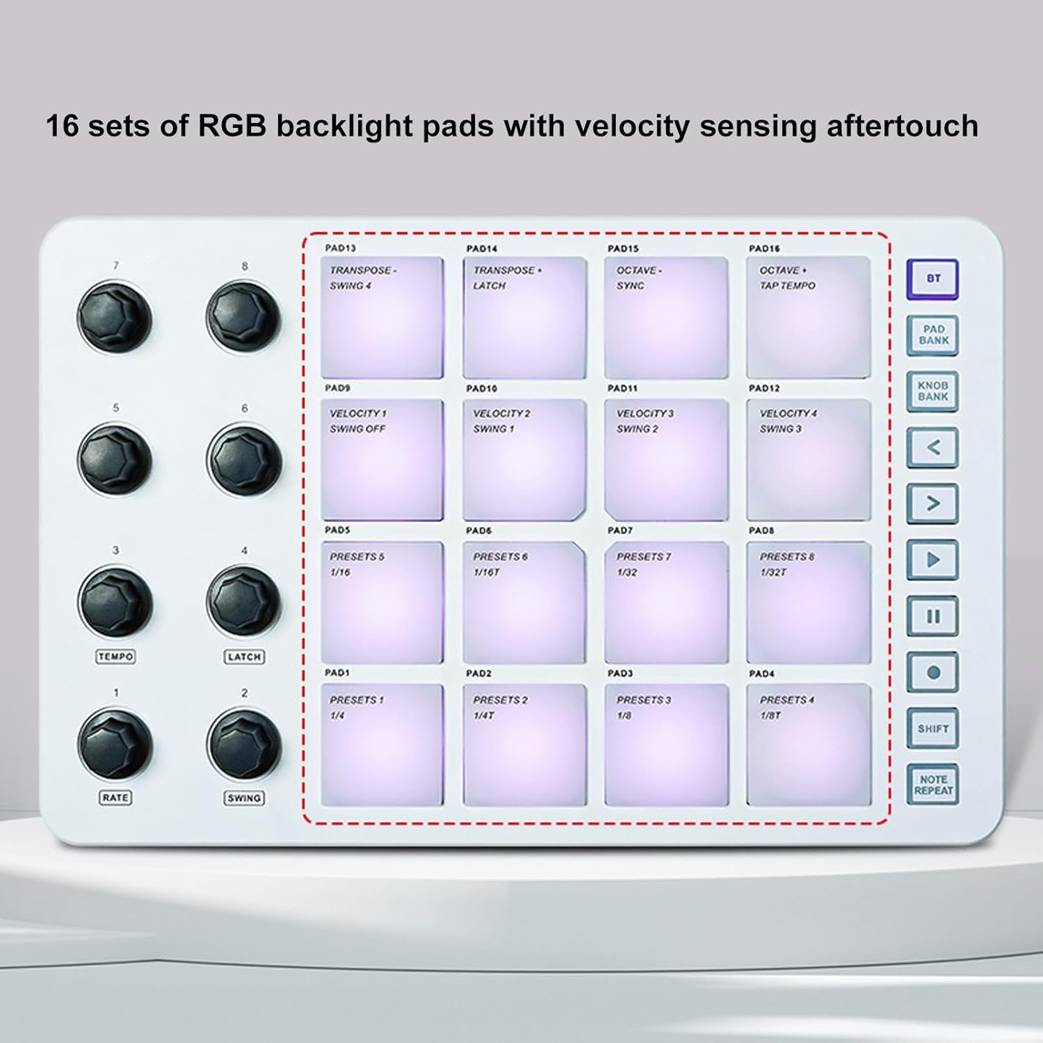 PAD USB MIDI Keyboard Controller, MIDI Controller with 16 RGB Backlit, 8 Assignable Knobs, Note Repeat, for OS X, iOS, Android