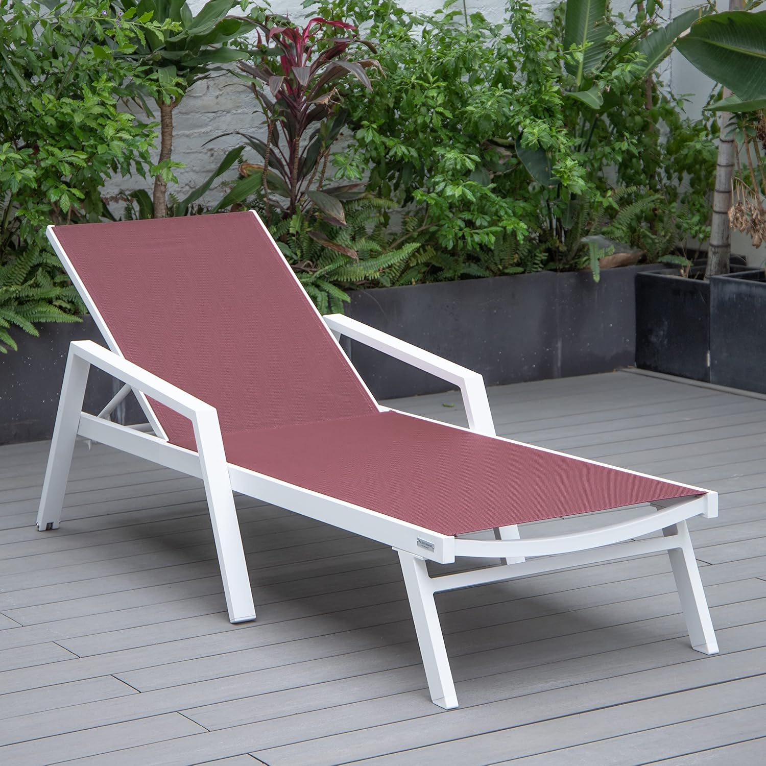 LeisureMod Modern White Aluminum Outdoor Chaise Lounge Chair with Arms and Square Fire Pit Side Table, Burgundy – Perfect for Patio, Lawn, and Garden
