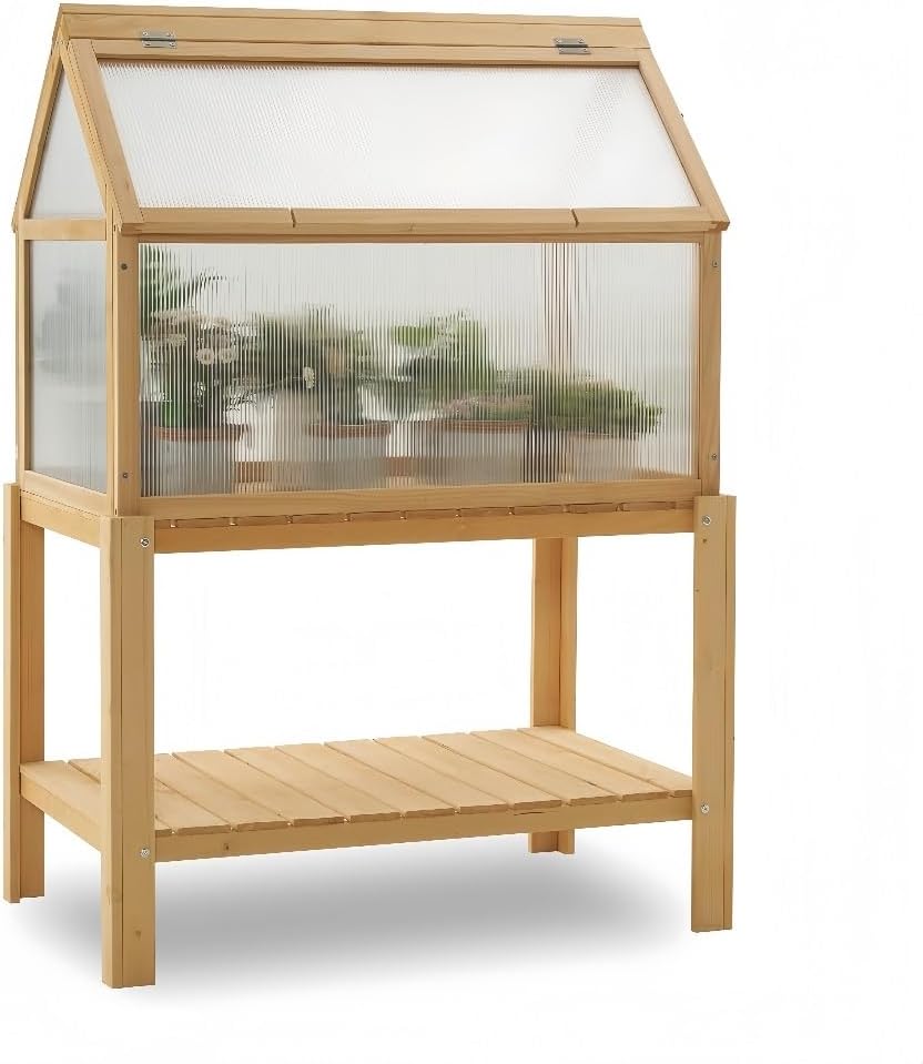Wooden Mini Greenhouse, Small Sunroom Plant Shelter, 3 - Tier Mini Cold Frame, Garden Planter Box with Clear Panels for Outdoor & Indoor