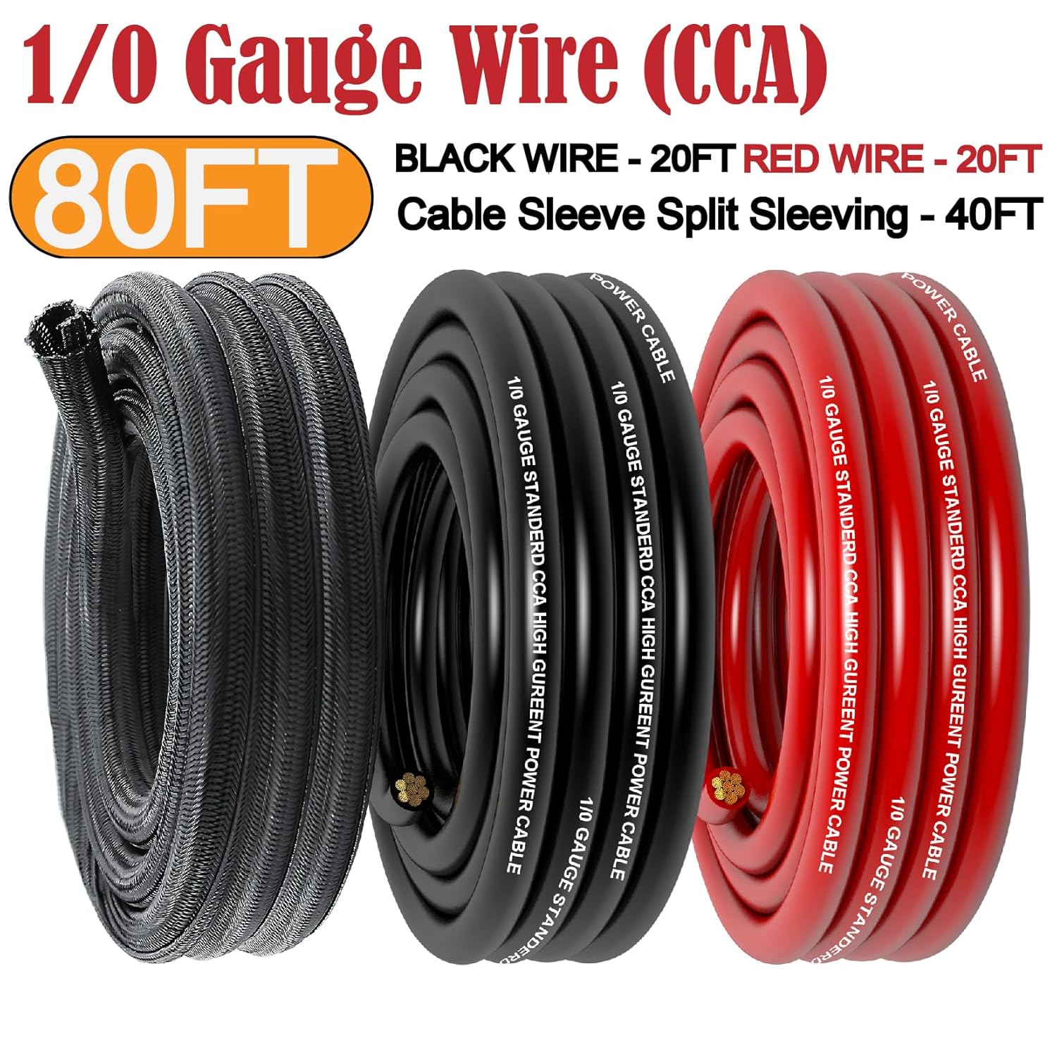 1/0 Gauge Wire CCA (20Ft Each Black/Red) Primary Automotive Wire with Lugs Kit,1/2 Inch Cable Split Sleeving,Battery Cable,Car Amplifier Power Ground Wires,Amp Install Wiring