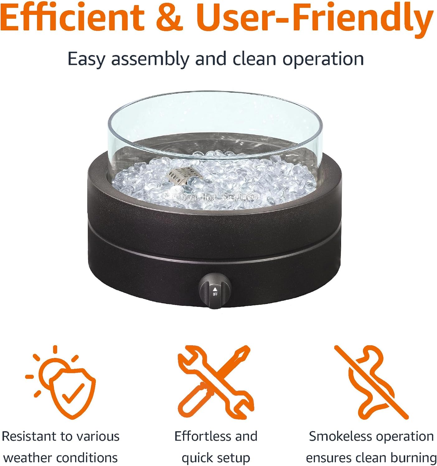 Amazon Basics 14-Inch Round Propane Fire Pit, 9000 BTU Portable Tabletop Fireplace with Glass Stones, Umbrella Hole Compatible for Outdoor Patio Tables & Camping, Brown