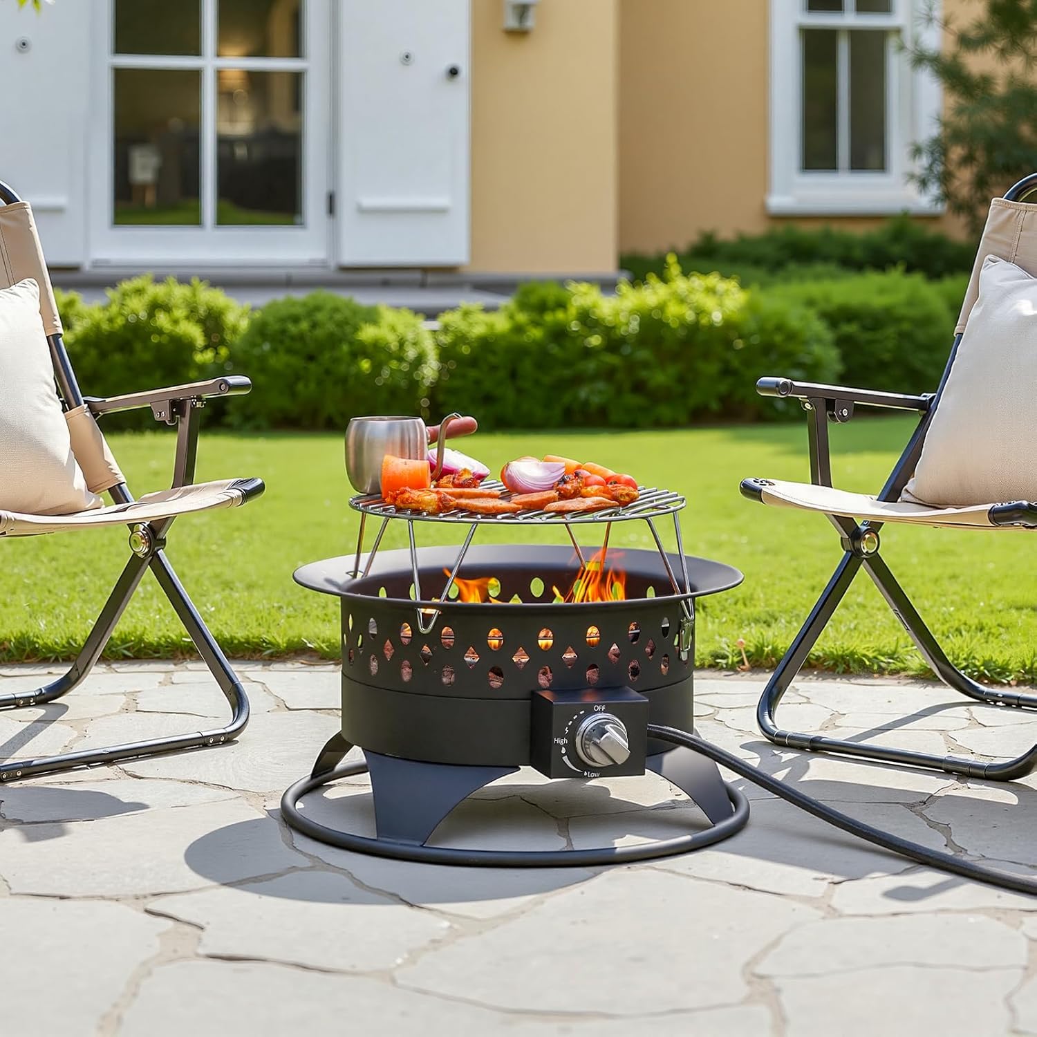 Breezz 20 Inch Propane Fire Pit with Grill, 60000 BTU Smokeless Gas Firepit for Outside Patio,with Foldable Cooking Grate & 7 lbs Lava Rocks, Adjustable Flame, Outdoor Camping BBQ