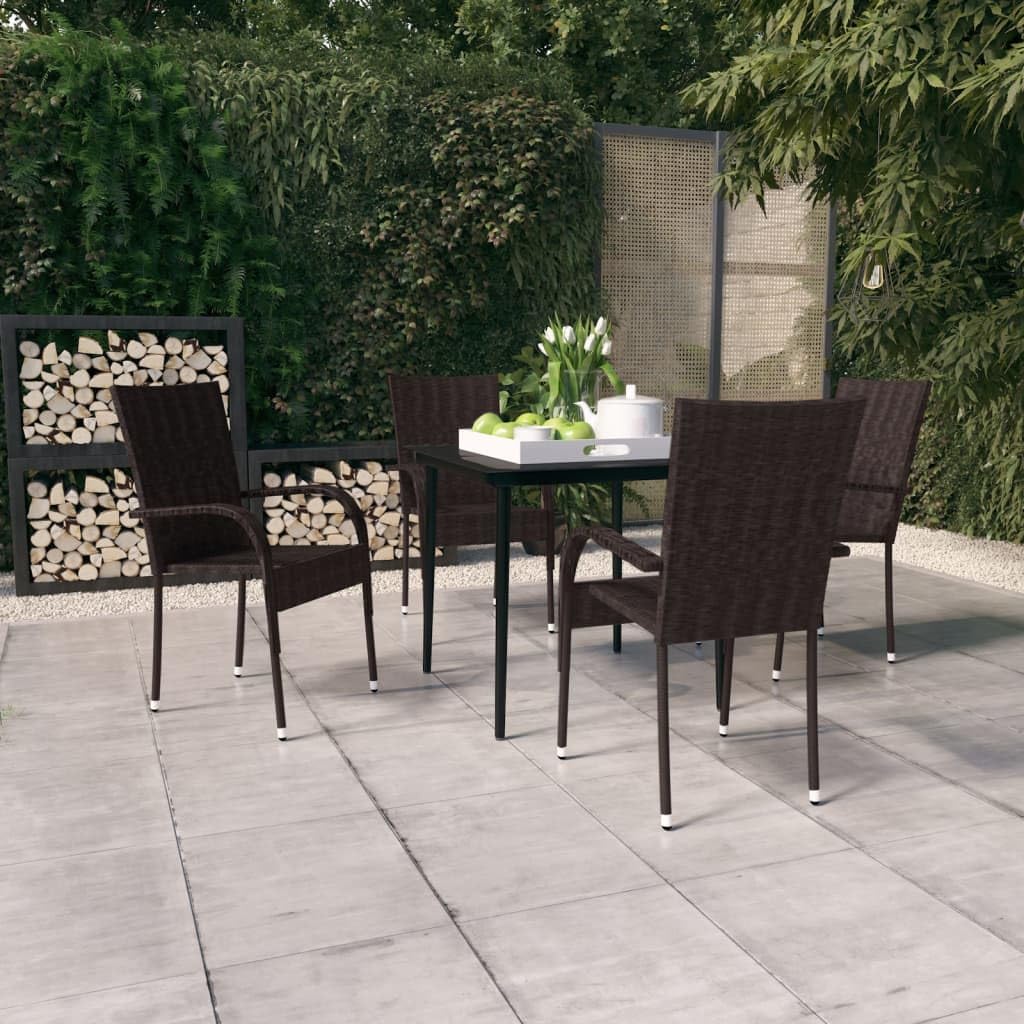 5-Piece Modern Garden Dining Set, Brown Rattan & Black Steel Frame, Rectangular Toughened Glass Top, Outdoor Patio Furniture for Balcony, 4 Seater