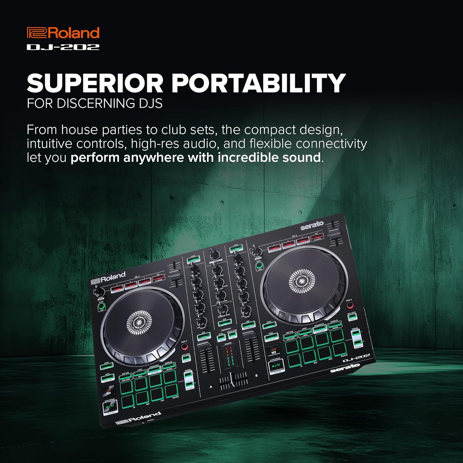 Roland DJ-202 Compact DJ Controller | 2-Channel, 4-Deck Controller for Serato DJ Lite | Large, Low-Latency Platters | Iconic Roland Drum Kit Sounds