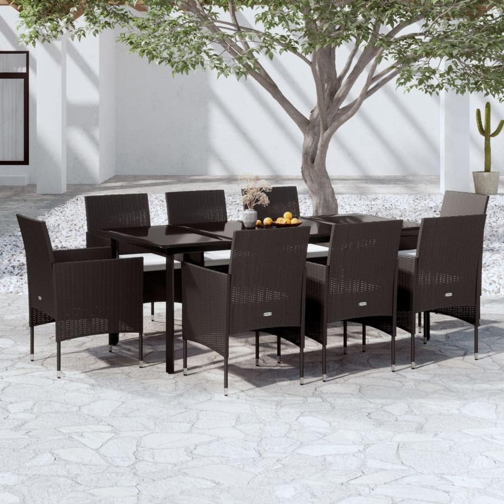 9 Piece Patio Dining Set with Cushions Black,Outdoor Patio Dining Set with PE Rattan Chairs PowderCoated Steel Frame and Glass Tabletop Patio Furniture Sets, Outdoor Furniture Sets