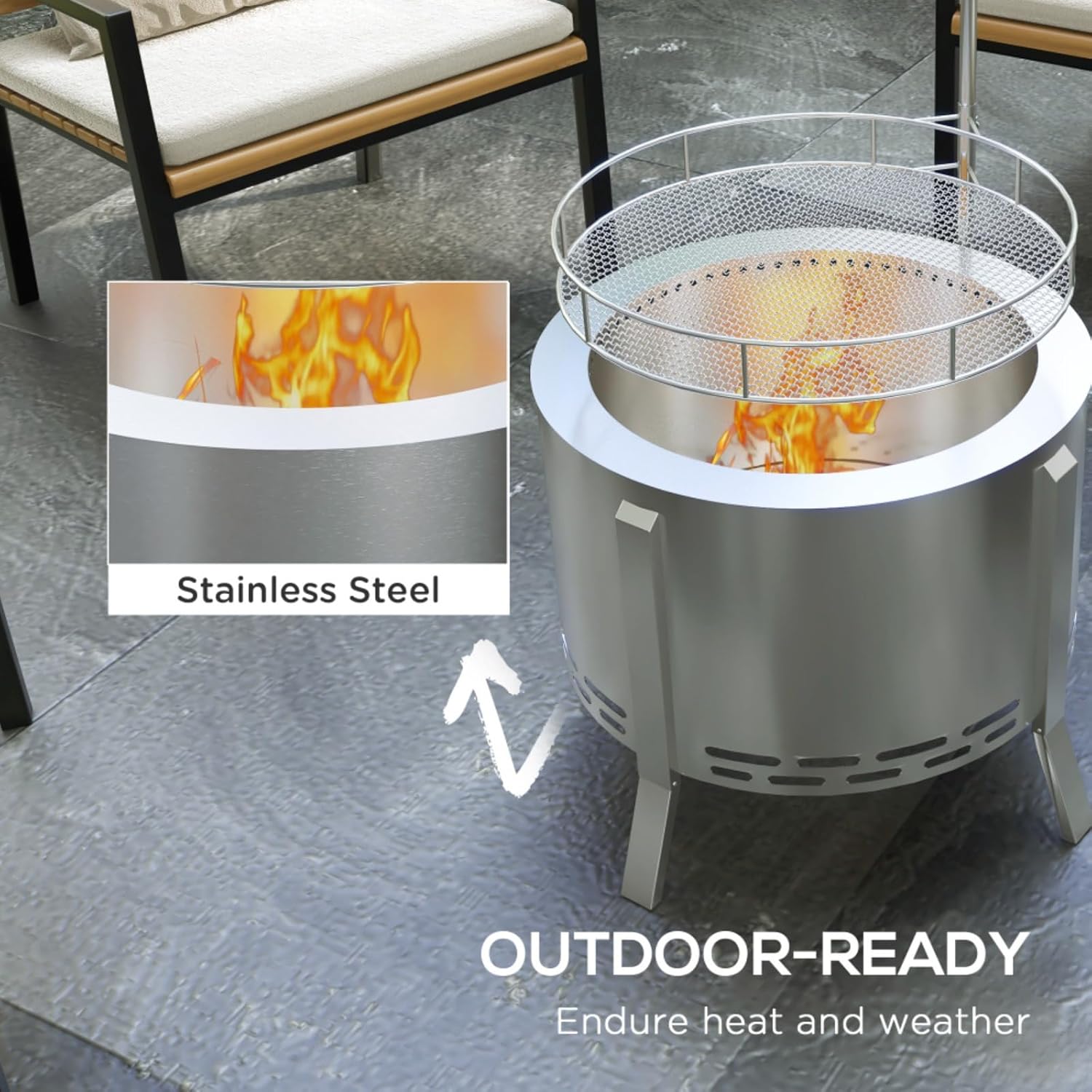 Stainless Steel 2-in-1 Smokeless Fire Pit, BBQ Grill, 19