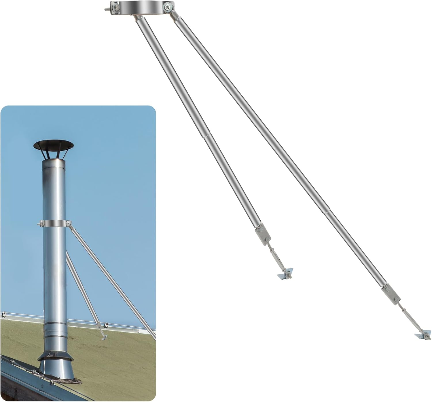 10” Stainless Steel Adjustable Extended Chimney Roof Support Kit - Heavy-Duty Windproof & Snow-Stable Stove Pipe System for Enhanced Chimney Safety