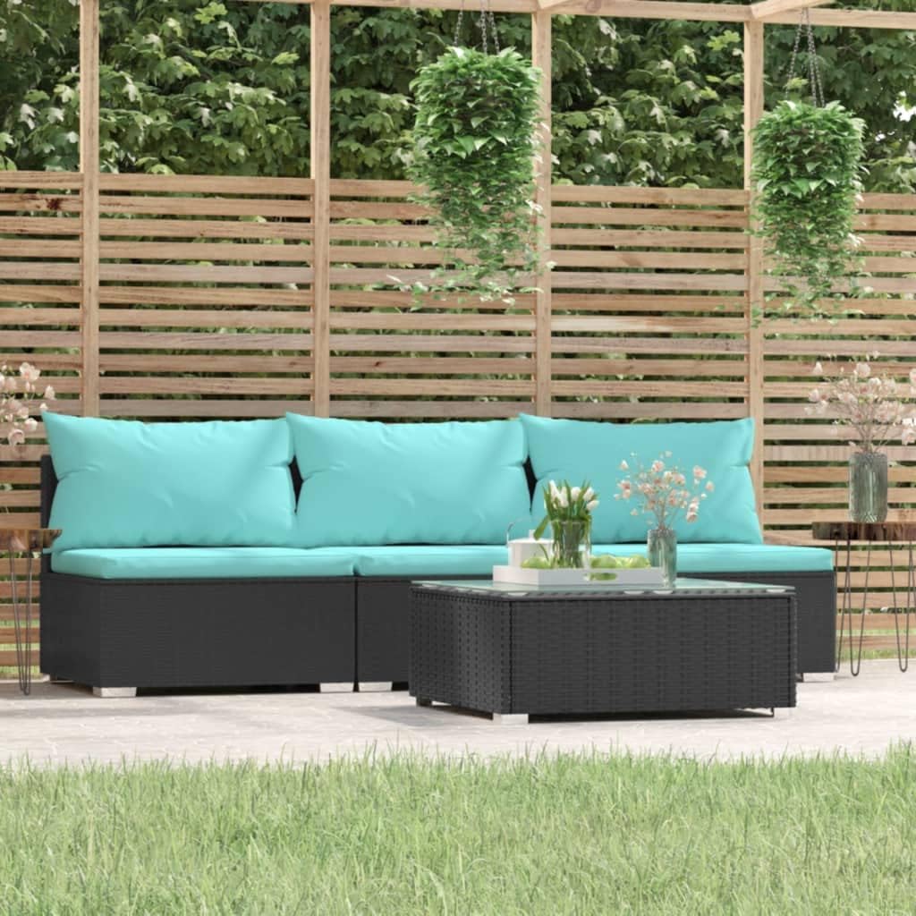 Patio Set Patio Furniture Set 4 Piece with Cushions Black Poly Rattan