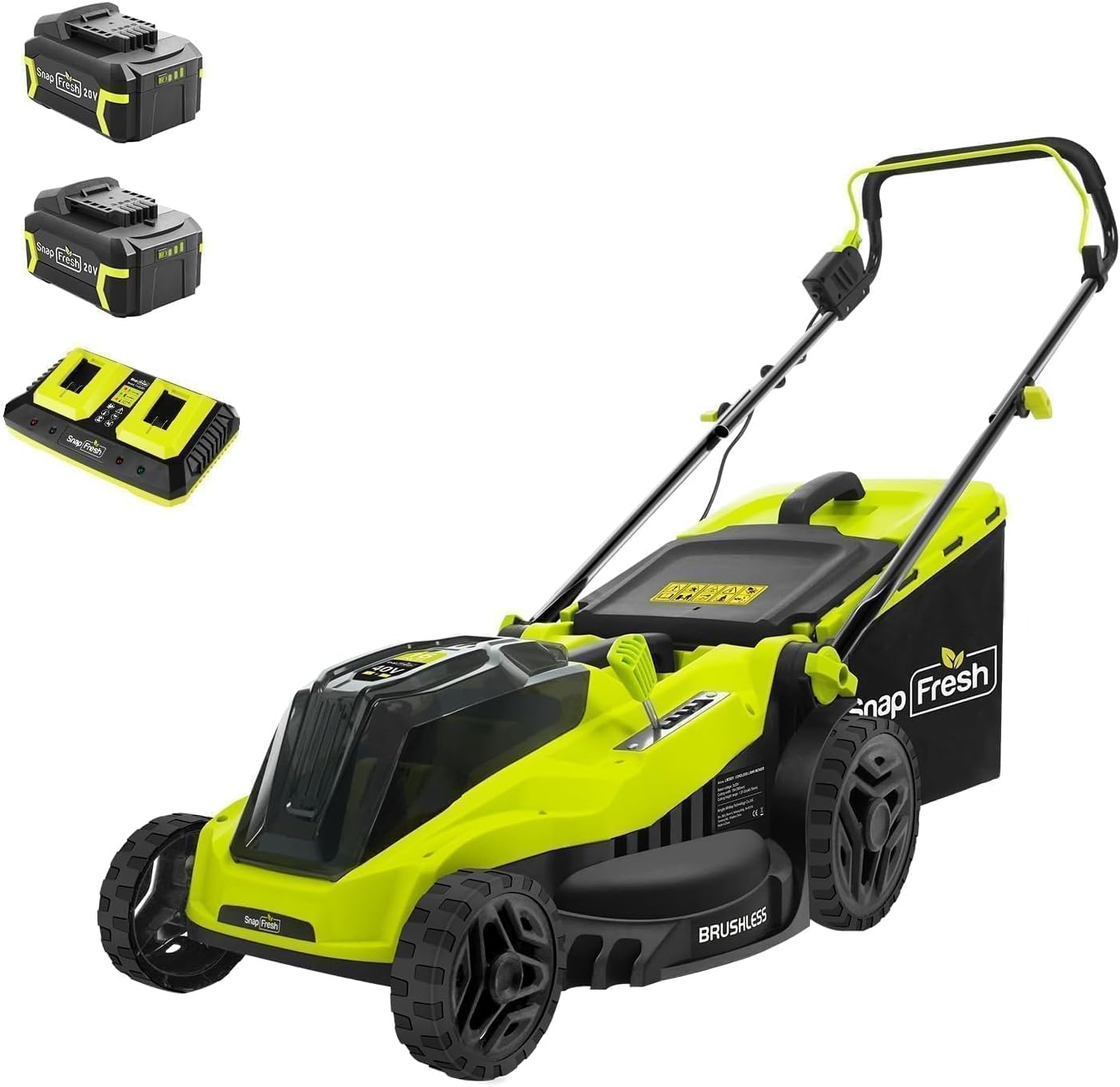 SnapFresh Electric Lawn Mower Cordless - 40V (2 x 20V) 16” Brushless Push Lawn Mowers with 4.0Ah Battery x 2 and Fast Charger Included - Battery Operated Lawn Mower with Bagger