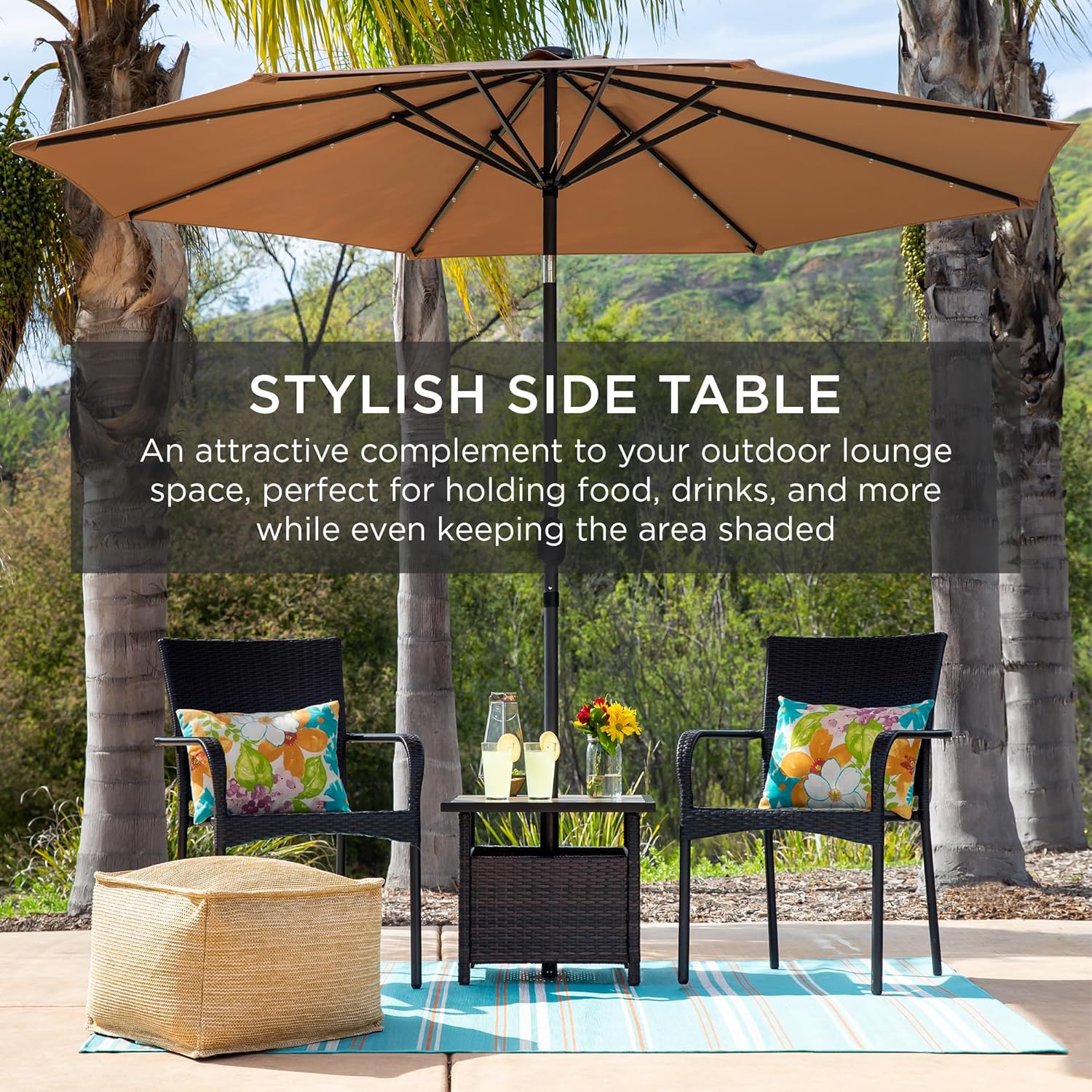 Best Choice Products Wicker Side Table with Umbrella Hole, Square PE Rattan Outdoor End Table for Patio, Garden, Poolside, Deck w/UV-Resistant Frame, Storage Space - Natural