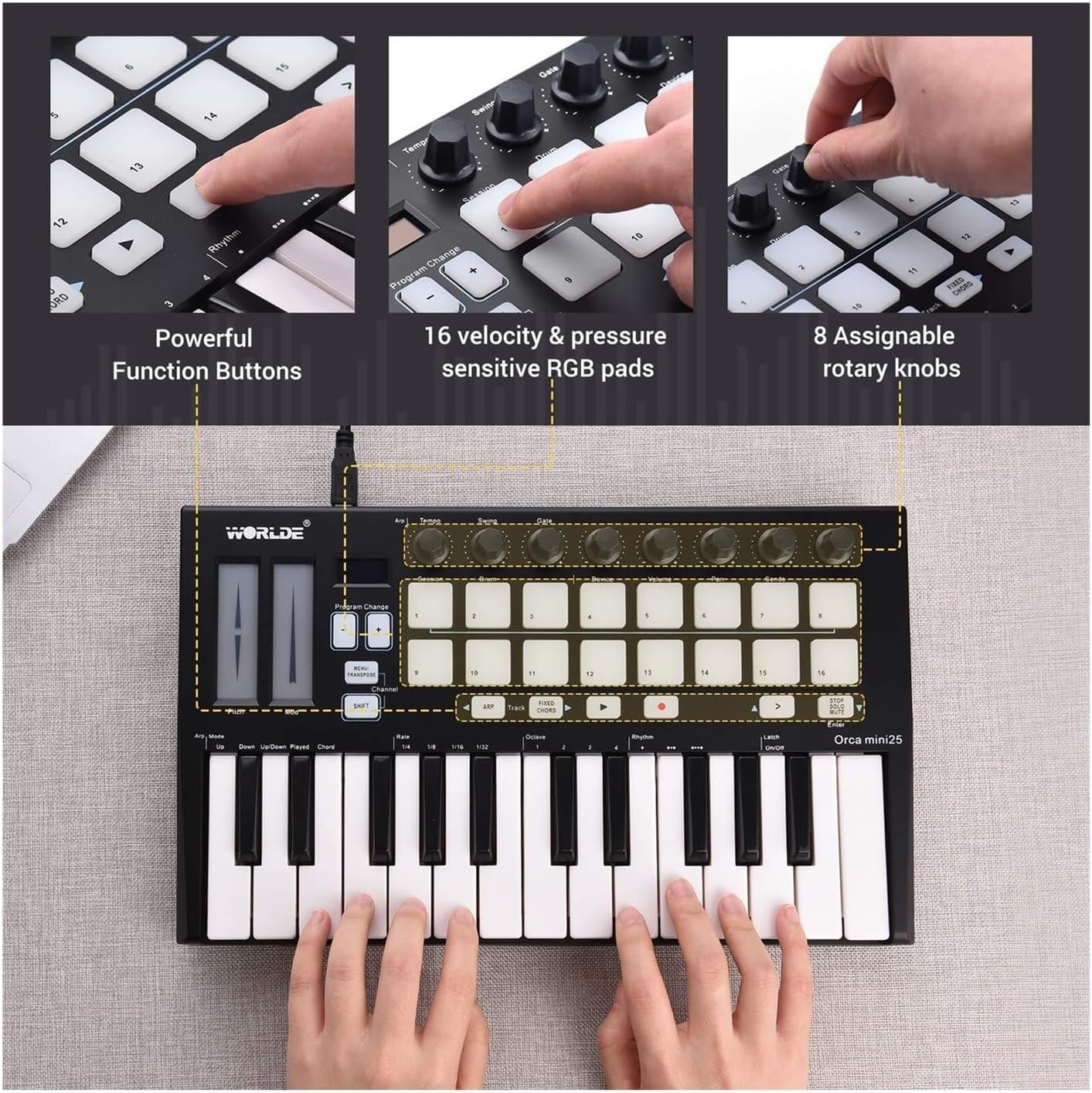 Portable 25-Key USB MIDI Keyboard Controller – 16 RGB Backlit Pads, 8 Assignable Knobs, Velocity-Sensitive Keys for Music Production