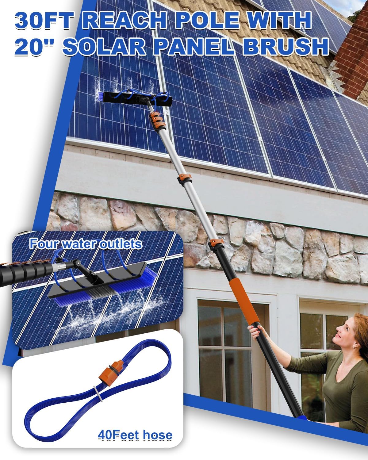 30Ft Reach Solar Panel Cleaning Brush Kit with 5-24ft Telescoping Pole, Water Fed Window Cleaner Tool with 20