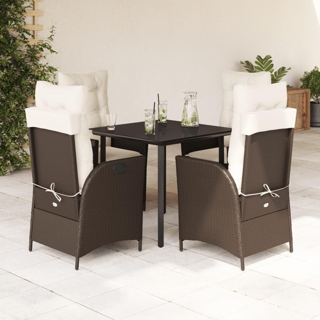 5 Piece Patio Dining Set with Cushions Brown Poly Rattan,Adjustable Outdoor Dining Set: PE Rattan Garden Furniture with Reclining Chairs Patio Furniture Sets, Outdoor Furniture Sets