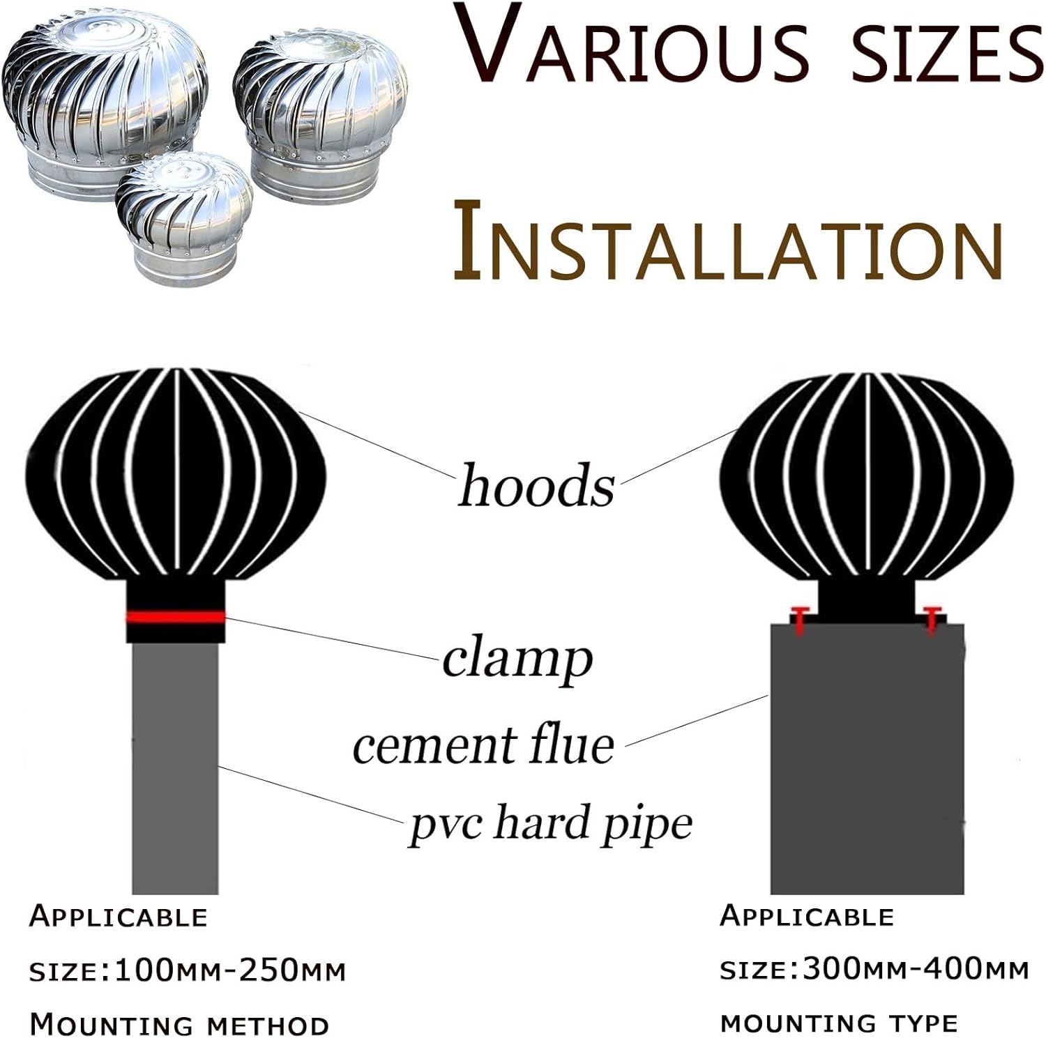 Galvanized Turbines, Stainless Steel Exhaust Cap, Internally Braced Wind Turbine, Wind Turbines Air Vents, 304 Stainless Steel Round Exhaust Grille Louvered Vent, for Duct Connecting