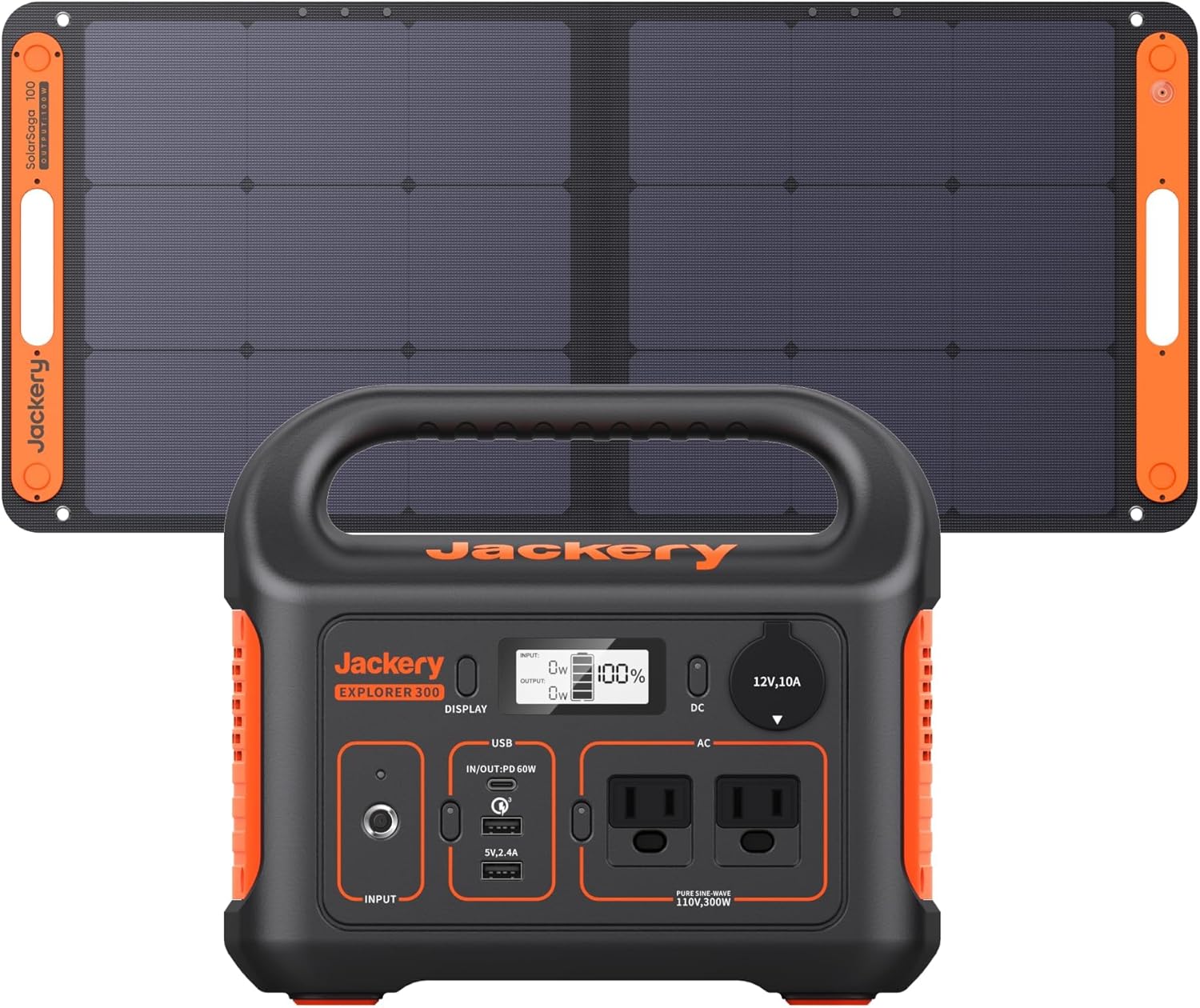Jackery Solar Generator 300, 293Wh Backup Lithium Battery with 1XSolar Panel SolarSaga 100W, 110V/300W Pure Sine Wave AC Outlet for RV Outdoors Camping Travel Blackout
