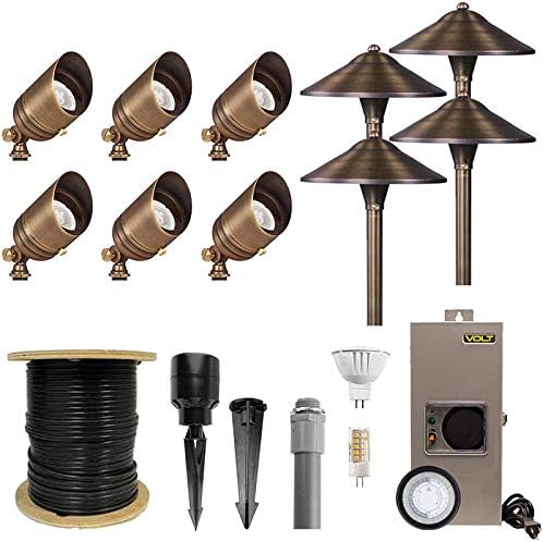 VOLT 12V Brass Bronze LED Landscape Lighting Kit (6 Spotlights, 4 Path Lights) with 150W Low Voltage Transformer for House, Yard, Outdoor Pathway, Walkway, Garden, Driveway or Patio