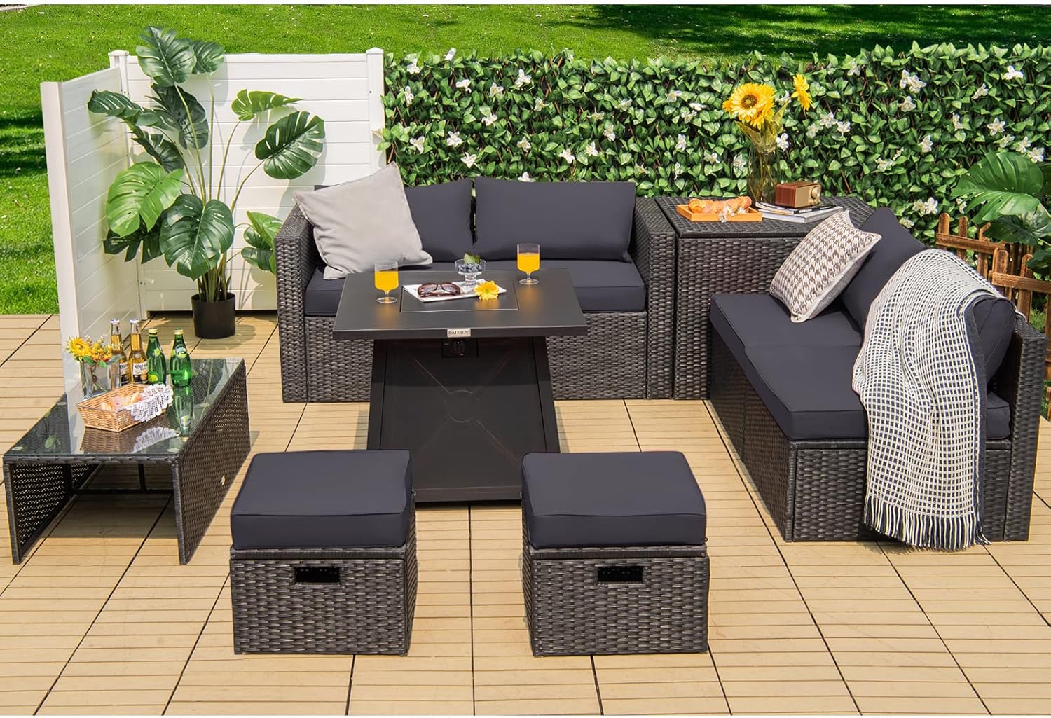 Tangkula 9 Piece Patio Furniture Set w/30 Inches Propane Fire Pit Table, 50,000 BTU Heat Output,Heavy Duty Space Saving Rattan Sofa Set with Waterproof Cover,for Poolside, Backyard, Garden (Grey)