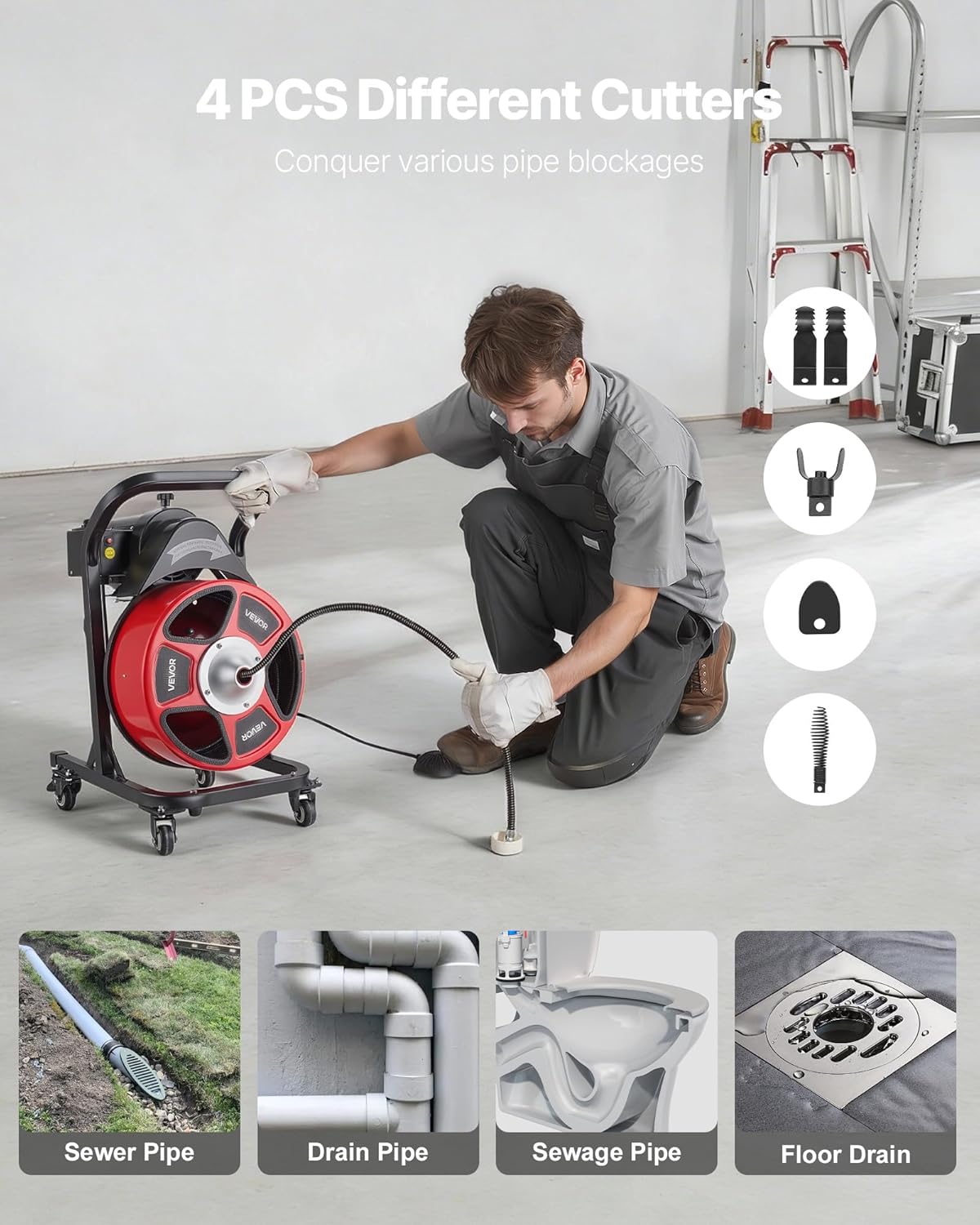 VEVOR Drain Cleaner Machine 50 FT x 1/2 Inch, Manual Feed Sewer Snake Auger on Wheels - with 4 Cutters & Air-activated Foot Switch for 2