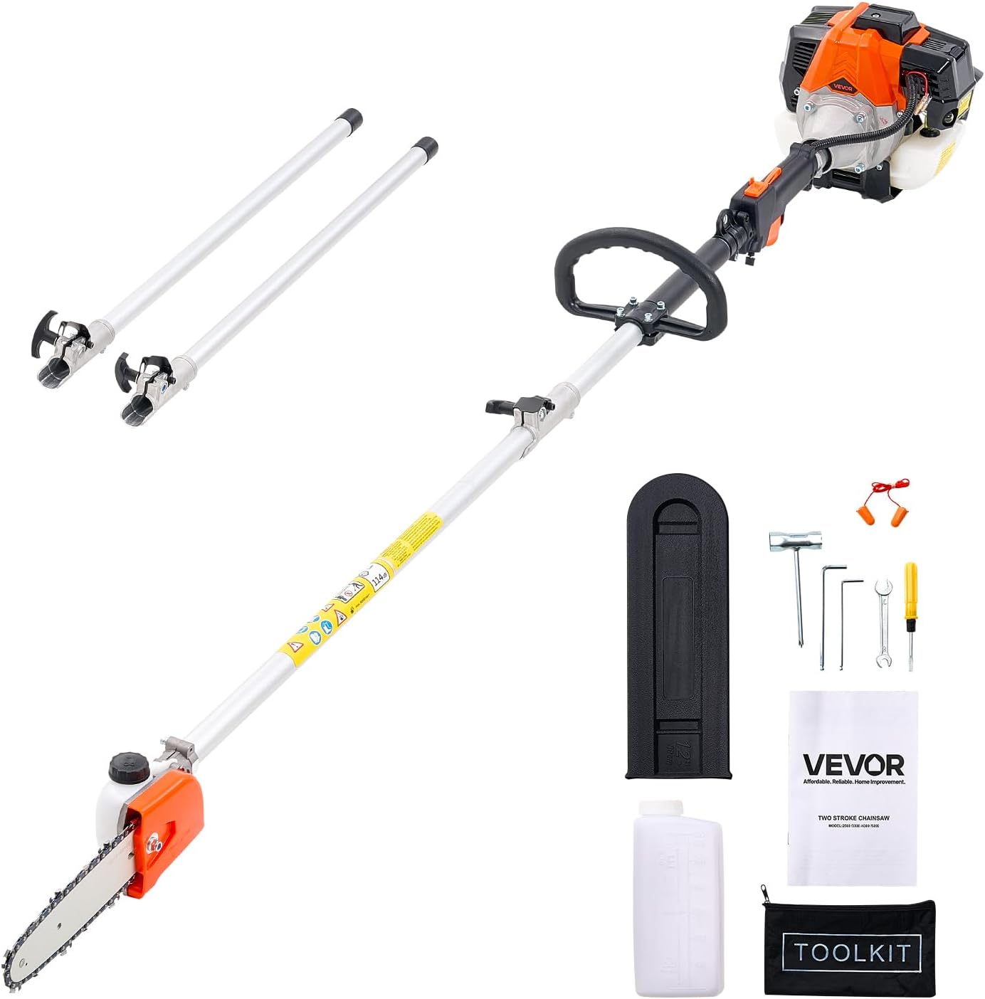 VEVOR Gas Pole Saw, 33CC 2 Stroke Gas Powered Pole Saws with 8 in Cutting Bar, Cordless Tree Trimmer with 30 fl.oz Fuel Tank, 6.7 to 11.6 ft Extendable, Powerful Chainsaw for Tree Trimming Pruning