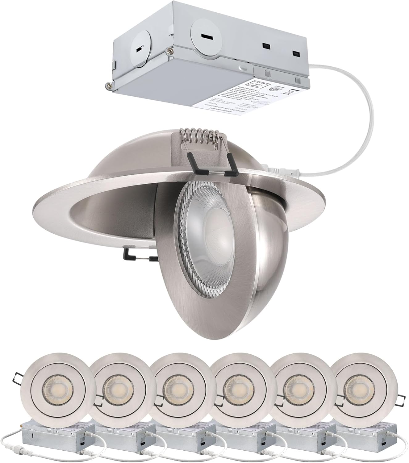 4-inch Gimbal LED Recessed - 4 in Lighting 6Pack Canless Brushed Nickel Trim 90° Tilt Swivel LED Eyeball Wafer Slope Ceiling Adjustable Spotlight Dimmable Brushed Nickel 4 inch 6 Pack