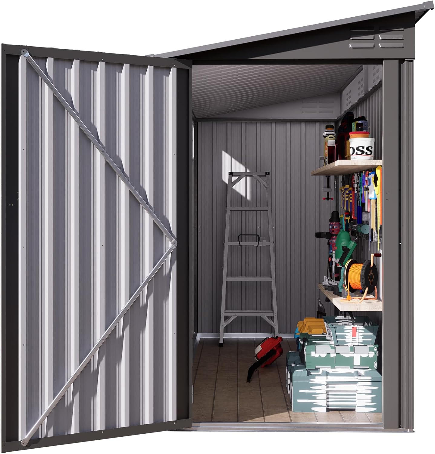 4 x 9 FT Outdoor Storage Shed, Metal Garden Shed Tool House with Sloping Roof,2 Vents and 1 Side Open Door for Backyard, Garden,Patio, Garage, Lawn, Gray