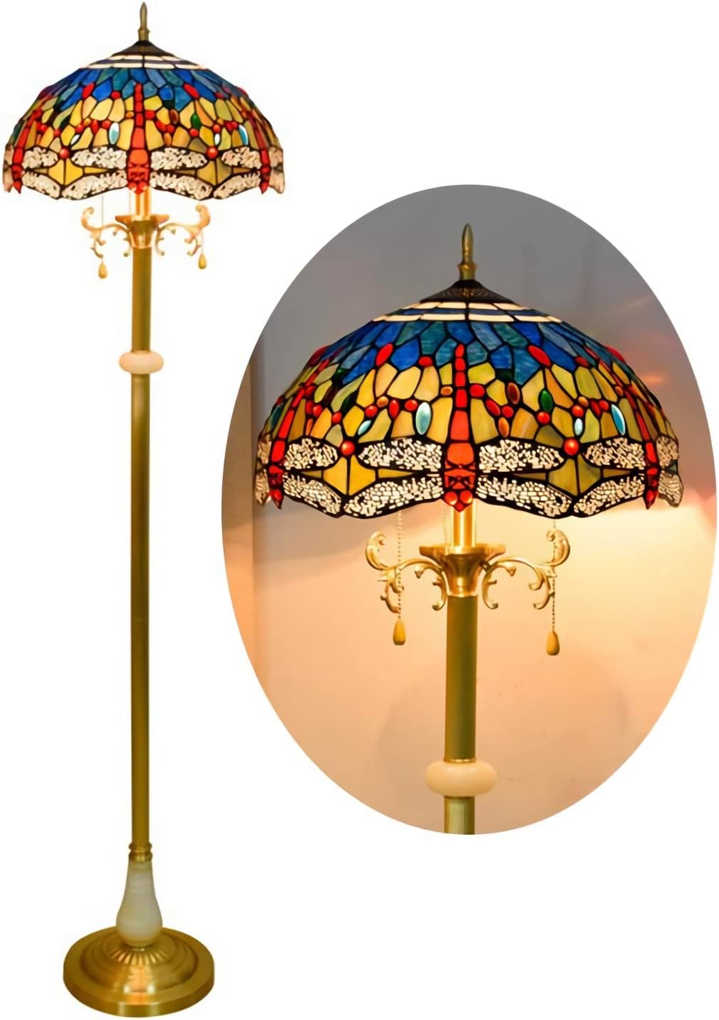 16 Inch Tiffany-Style Floor Lamp, Dragonfly Stained Glass Standlamp, Vintage All Copper Base Readlight for Bedroom Office