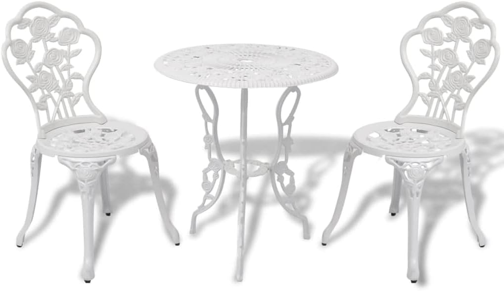 White Cast Aluminum Bistro Table and Chairs Set, Round Floral Design, 2-Person Outdoor Patio Dining Furniture, Garden Balcony Use