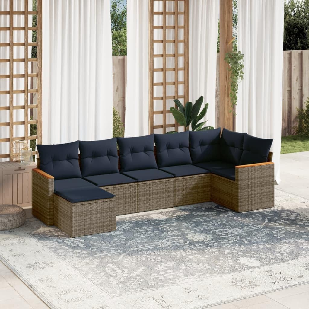 7 Piece Grey Poly Rattan Garden Sofa Set with Cushions, Modular Outdoor Patio Furniture for Backyard, Terrace, Balcony