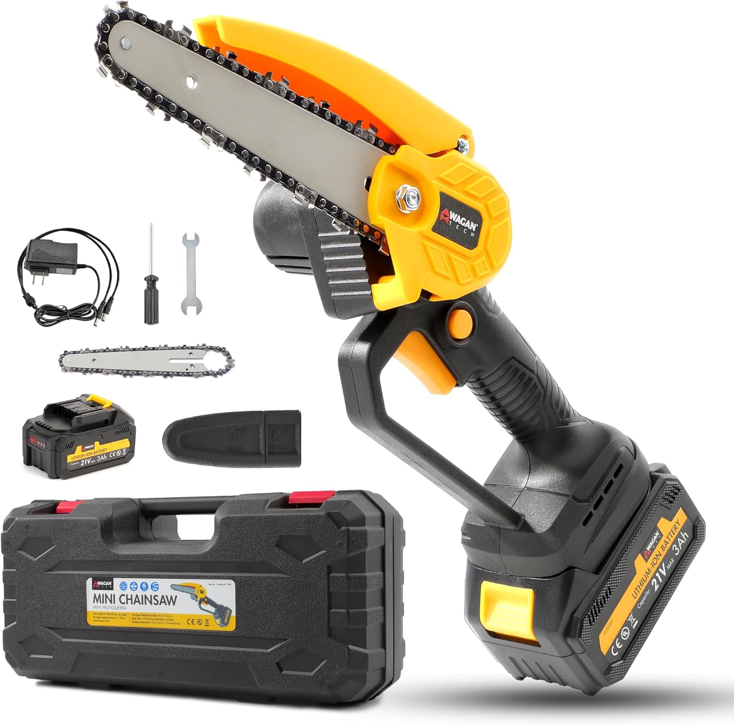 Wagan EL7007 OneVolt Cordless Chainsaw 6, 6-Inch Mini Chainsaw with UL Certified 3.0Ah Rechargeable Battery, Lightweight Handheld Saw for Tree Trimming, Pruning, and Wood Cutting