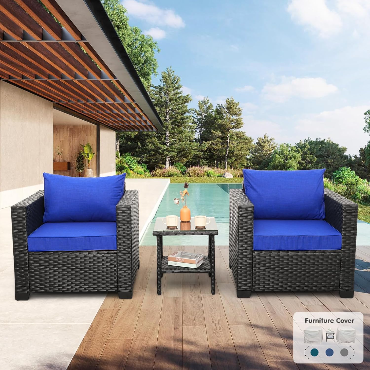 3 Piece Patio Set Wicker Patio Furniture Patio Conversation Sets Outdoor Chairs and Glass Side Table Balcony Furniture with Non-Slip Royal Blue Cushions and Waterproof Covers