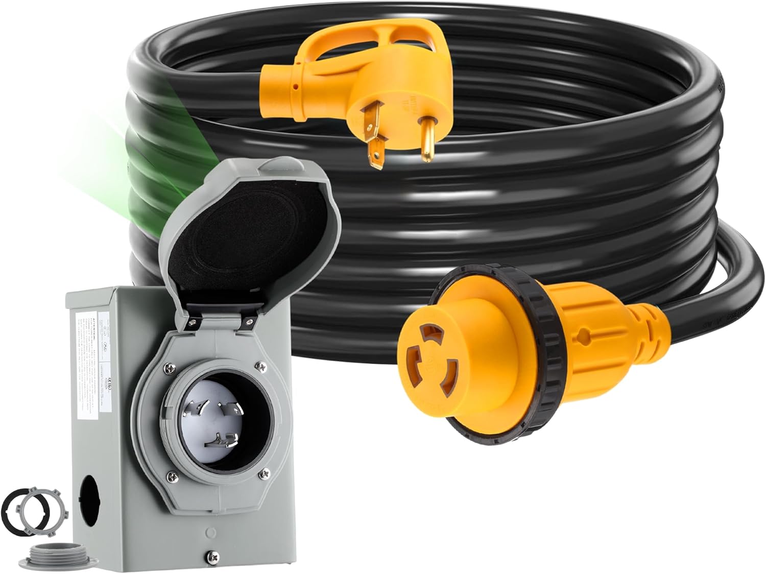 Kanayu 15FT 30 Amp RV Generator Cord and Power Inlet Box Compatible with NEMA TT-30P to L5-30R Lock Generator Extension Cord with LED Indicator Pre-Drilled L5-30P Inlet Box, ETL Listed