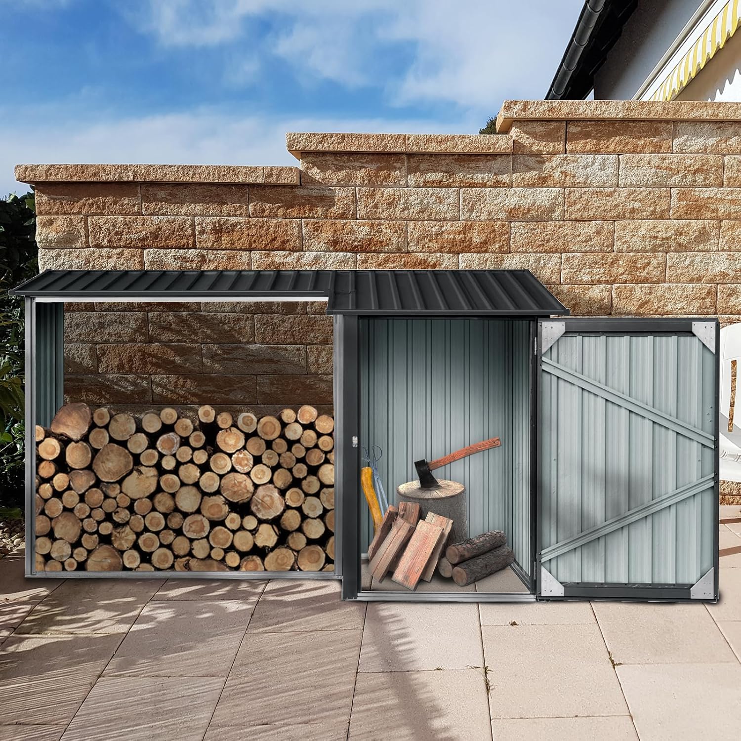 Outdoor Firewood Storage Shed,Firewood Rack with Door,Outdoor Bike Storeroom,Two-in-One,Firewood Shed for Patio,Backyard,Black