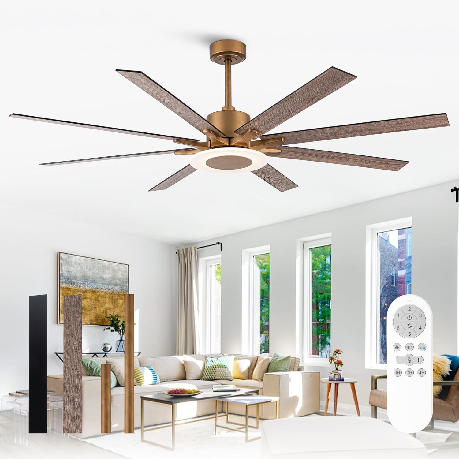Ceiling Fans with Lights and Remote, 65 Inch Brass Ceiling Fan for Living Room Bedroom, Large Black Outdoor Ceiling Fans for Patios, Dimmable LED, 6 Speeds, Reversible DC Motor, Ventilador de Techo