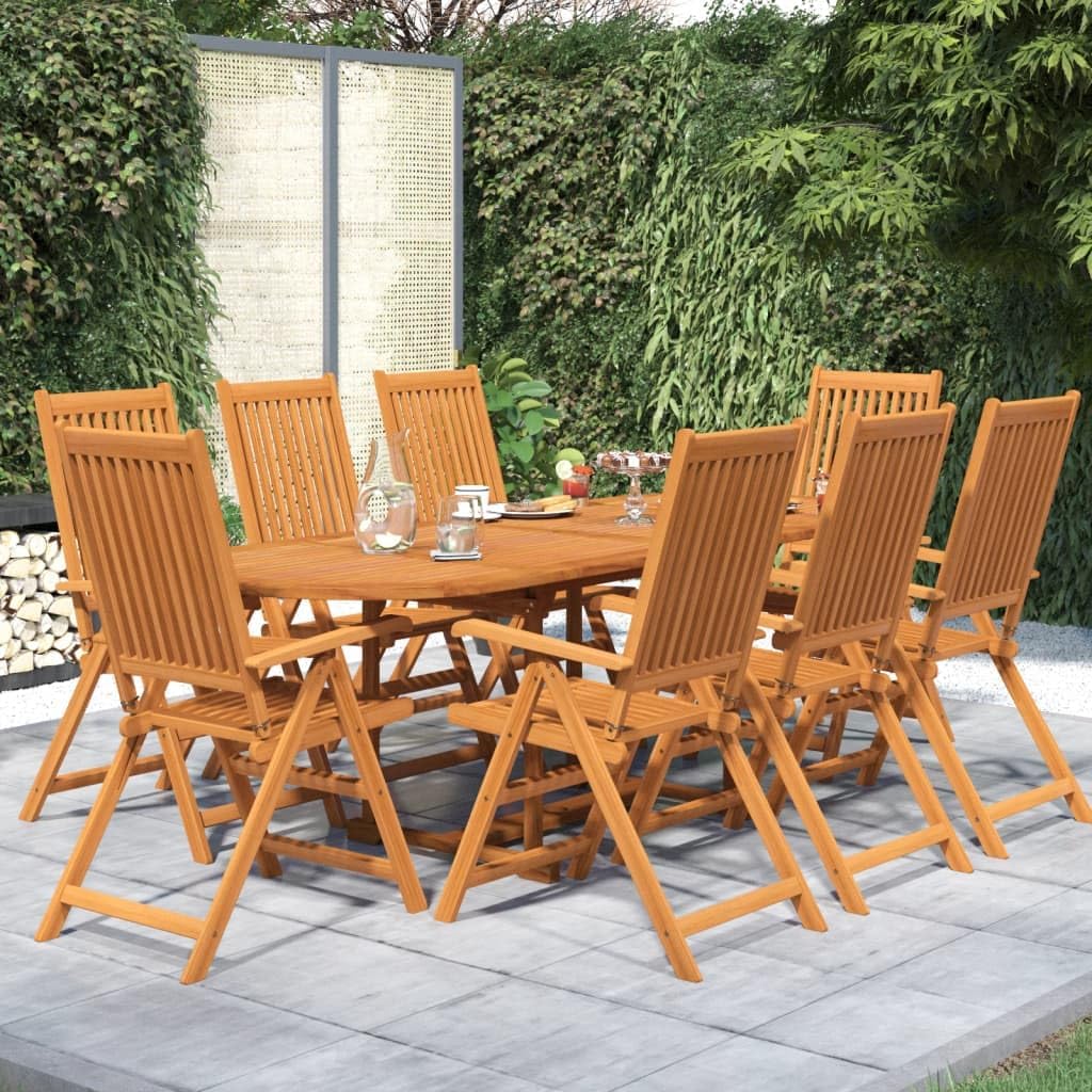Extendable Garden Dining Set, Natural Wood Tone Solid Acacia Wood, 8 Foldable Chairs, Outdoor Patio Furniture, Rectangular Table 63-94.5 inch